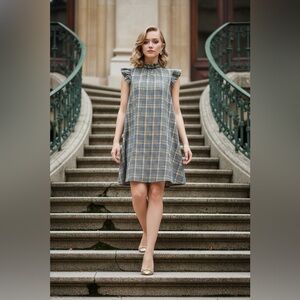 VOY Plaid flutter sleeve back tie flannel shift dress NWOT size small